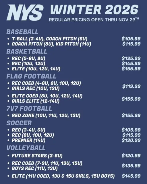 Regular Registration for the Winter 2026 season is closing soon! Take advantage of regular pricing now through Saturday, November 29th to save on all winter sports, including baseball, basketball, flag football, 7v7 football, soccer, and volleyball.

From first-time players to seasoned athletes, we have a league for everyone! Don’t miss your chance to join the action this winter — spots fill fast once Early Bird ends!

👇 Click the link-in-bio to secure your spot today! ❄️