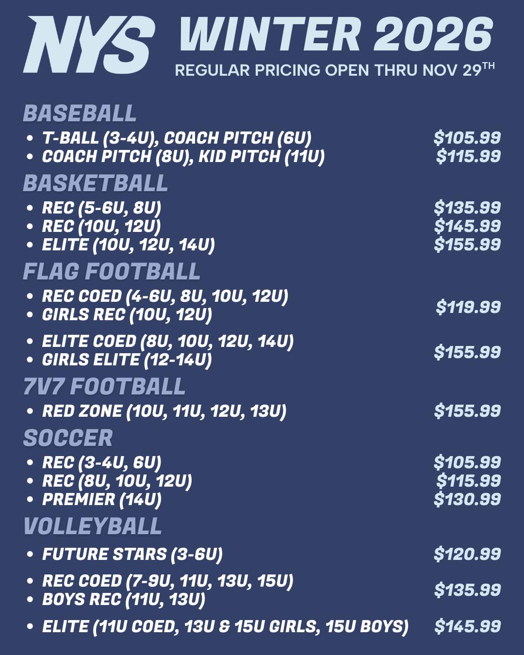 Regular Registration for the Winter 2026 season is closing soon! Take advantage of regular pricing now through Saturday, November 29th to save on all winter sports, including baseball, basketball, flag football, 7v7 football, soccer, and volleyball.

From first-time players to seasoned athletes, we have a league for everyone! Don’t miss your chance to join the action this winter — spots fill fast once Early Bird ends!

👇 Click the link-in-bio to secure your spot today! ❄️