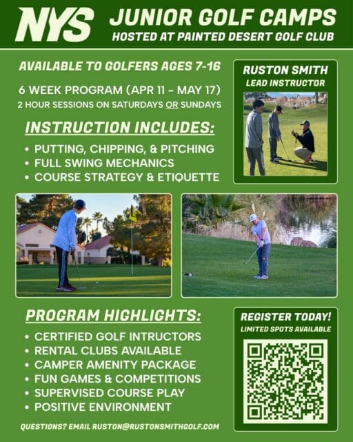 Join us this spring for the NYS Junior Golf Camps in partnership with Las Vegas Junior Golf Academy!
Hosted at Painted Desert Golf Club, this 6-week program runs from April 11th to May 17th with two hour sessions on Saturdays or Sundays, and is open to youth ages 7–16.
Led by Ruston Smith, the camp offers professional instruction in key golf skills and game fundamentals. Campers will also enjoy a fun, supportive environment with games, course play, and more. ⛳️
Registration is open now our website, and spots are limited—register today by scanning the QR code or clicking the link-in-bio!