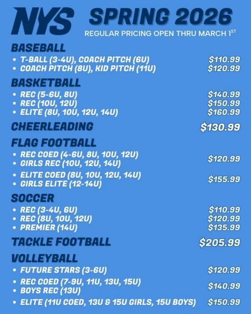 Have you signed up for the Spring 2026 season yet? Regular registration is available now on our website and open through Sunday, March 1st!
Whether your child plays baseball, basketball, cheer, flag football, soccer, tackle football, or volleyball—there’s a spot for them at NYS. Our leagues are open to all ages and skill levels.
Register today at nysnevada.com to secure your spot and save some money!