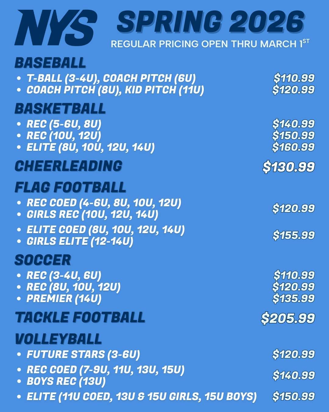 Have you signed up for the Spring 2026 season yet? Regular registration is available now on our website and open through Sunday, March 1st!
Whether your child plays baseball, basketball, cheer, flag football, soccer, tackle football, or volleyball—there’s a spot for them at NYS. Our leagues are open to all ages and skill levels.
Register today at nysnevada.com to secure your spot and save some money!