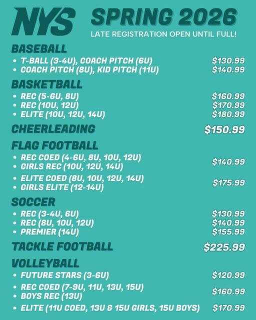 Haven't signed up for the Spring 2026 season yet? That's okay! Late registration is still available on our website until leagues are full!

Whether your child plays baseball, basketball, cheer, flag football, soccer, tackle football, or volleyball—there’s a spot for them at NYS. Our leagues are open to all ages and skill levels.

Register today at nysnevada.com to secure your spot and save some money!