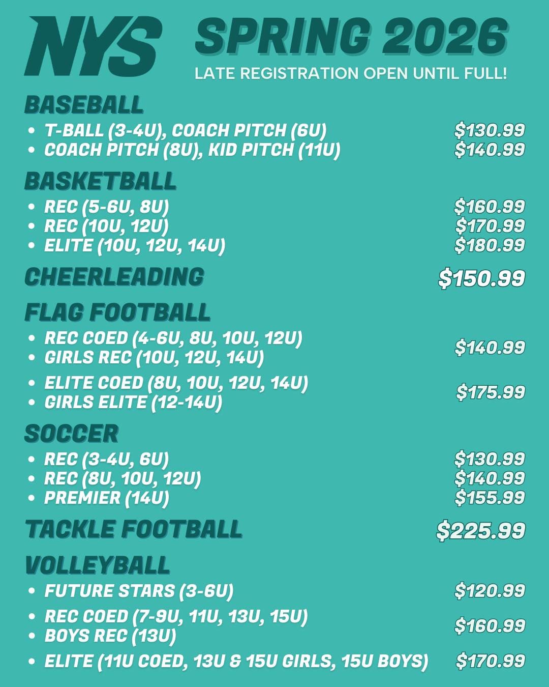 Haven't signed up for the Spring 2026 season yet? That's okay! Late registration is still available on our website until leagues are full!

Whether your child plays baseball, basketball, cheer, flag football, soccer, tackle football, or volleyball—there’s a spot for them at NYS. Our leagues are open to all ages and skill levels.

Register today at nysnevada.com to secure your spot and save some money!