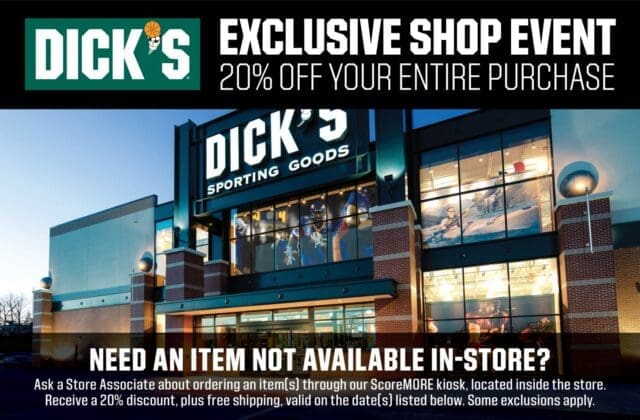 Our partner DICK'S Sporting Goods will be hosting a discount shop event for NYS! You will receive 20% off your purchase on most items in the store. Some exclusions apply. Coupon MUST display league name, valid dates, and barcode when presented. If they don’t have an item you are looking for, you can place an order (in store with a team member) and receive 20% off team sports items, free shipping, and your item in 3-6 business days. Our discount shop event will be on Friday 3/6– Monday 3/9 at your local DICK’S Sporting Goods.