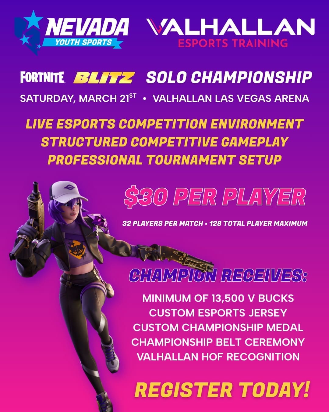 NYS and Valhallan are excited to present the Fortnite Blitz Solo Championship this Saturday, March 21st at the Valhallan Las Vegas arena! This one day competitive esports tournament is designed to introduce NYS athletes to organized esports competition in a fast paced and exciting format.

The event will feature Fortnite Blitz Solos using Build mode, allowing players to compete individually for placement and elimination points before a champion is crowned. The winner of the NYS Fortnite Blitz Solo Championship will receive a complete championship recognition package designed to celebrate their achievement and create a lasting legacy for the event.

Do you think you have what it takes to be a champion? Register today with the link-in-bio!