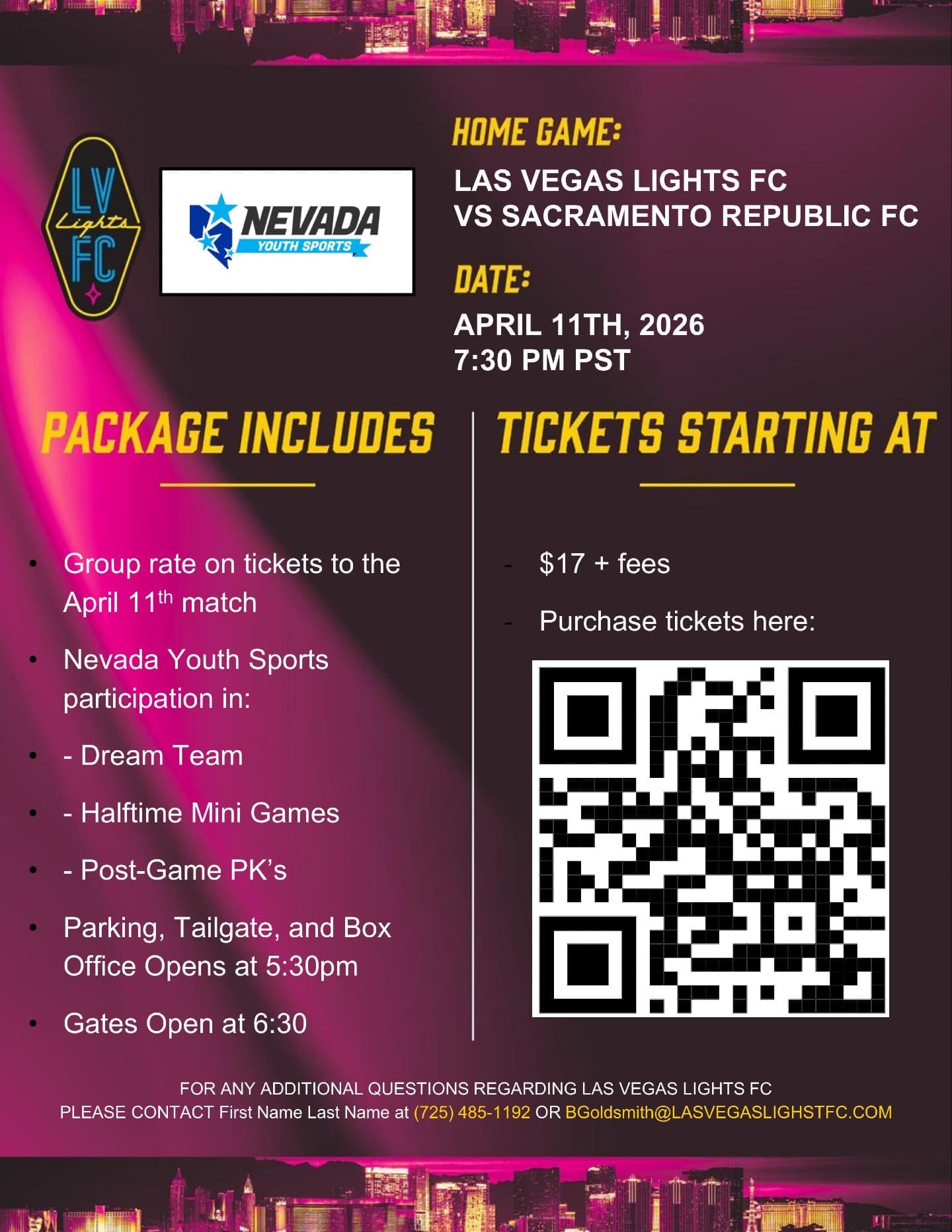 Join us for NYS Night with the Las Vegas Lights FC on April 11th at 7:30 PM against the Sacramento Republic FC! NYS athletes will be able to participate in the Dream Team, Halftime Mini Games, and Post-Game PK's!
Tickets start at just $17, so scan the QR code or click the link-in-bio to get your tickets today!