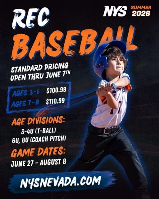 ☀️ Summer 2026 Registration is OPEN!

Get ready for another exciting season with Nevada Youth Sports! Standard pricing is available now through June 7th, so don’t wait to lock in your spot.

This summer, we’re offering:
⚾ Baseball
🏀 Basketball
🏈 Flag Football
🏐 Volleyball

Whether your athlete is just getting started or ready to compete, our programs are designed to build skills, confidence, and have fun all season long.

Spots fill quickly—secure your registration today and get ready for a summer full of action!

👉 Register now at nysnevada.com