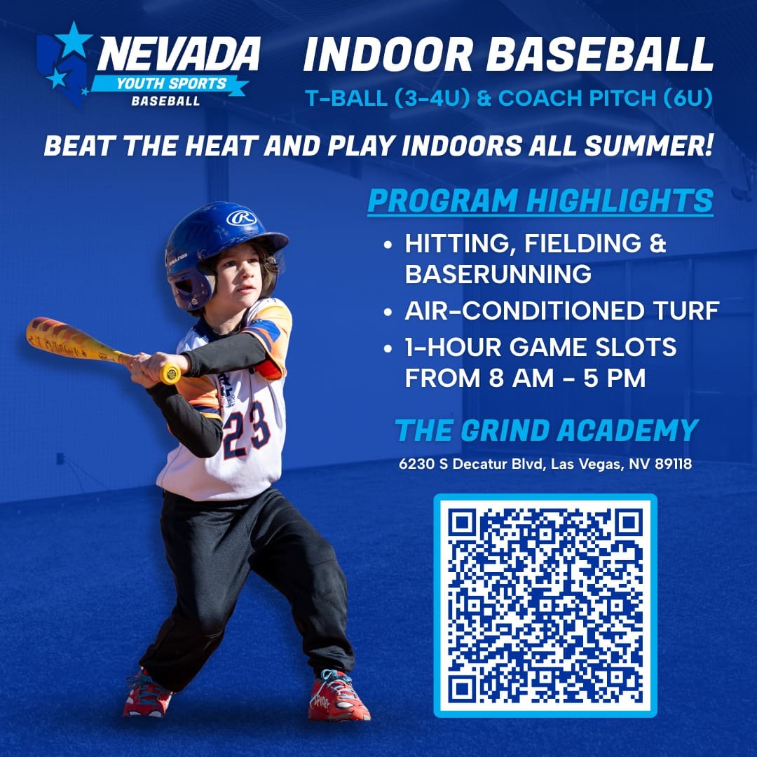 Beat the heat this summer and keep your athlete active indoors! ⚾❄️
Our Indoor Baseball Program is perfect for T-Ball (3–4U) and Coach Pitch (6U) players looking to develop their skills in a fun, air-conditioned environment.
✅ Hitting, fielding & baserunning
✅ 1-hour game slots (8 AM – 5 PM)
✅ Indoor, climate-controlled turf
All games played at The Grind Academy, located at 6230 S Decatur Blvd, Las Vegas, NV 89118.
Register today while spots still last by scanning the QR code or clicking the link-in-bio!