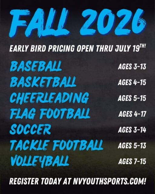 Hey NYS community! Registration for the Fall 2026 season is officially open on our website, and early bird pricing is open through Sunday, July 19th!
Whether your child plays baseball, basketball, cheer, flag football, soccer, tackle football, or volleyballβthereβs a spot for them at NYS. Our leagues are open to all ages and skill levels.
Register today at nvyouthsports.com or by clicking the link-in-bio to secure your spot and save some money!