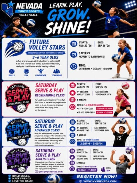 Nevada Youth Sports Volleyball programs are back this fall! 🌟 All programs will be held at Awaken Christian Academy.

✨ Saturday Future Volley Stars (Ages 3-5) — A fun, energetic intro to volleyball built around skills, confidence, and teamwork | 9:00am-10:00am

🔴 Saturday Serve & Play – Recreational — Perfect for beginners who want to learn the game and have a blast
- 6-9 year-olds: 12:00pm-1:30pm
- 10-13 year-olds: 1:30pm-3:00pm

🔵 Saturday Serve & Play – Advanced (Ages 11-15) — For experienced athletes prepping for club-level competition | 3:30pm-5:00pm

🟣 Saturday Serve & Play – Adults (18+) — Stay active and enjoy great competition with fellow adults | 10:00am-11:30am

📅 6 weeks | 1st Session: August 22nd → Last Session: September 26th
📍 Awaken Christian Academy

✅ Build Skills. ✅ Make Friends. ✅ Love the Game.

Spaces are limited — don't wait! Register now at www.nysnevada.com.