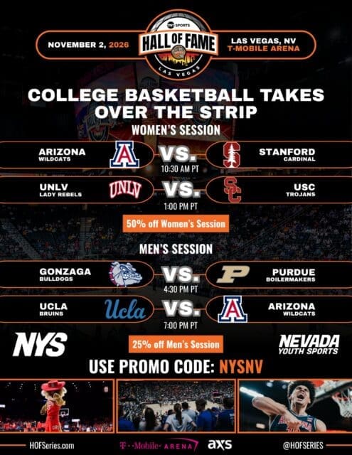 The Hall of Fame Series is coming to Las Vegas! Join us at T-Mobile Arena on Monday, November 2nd for a full day of college basketball action, featuring:

Session 1:
Arizona vs. Stanford (Women's) — 10:30 AM PT
UNLV vs. USC (Women's) — 1:00 PM PT

Session 2:
Gonzaga vs. Purdue (Men's) — 4:30 PM PT
UCLA vs. Arizona (Men's) — 7:00 PM PT

Take advantage of this limited-time offer:
- Session 1: Save 50% on lower level tickets 
- Session 2: Save 25% on upper level tickets 

Click the link-in-bio and use promo code NYSNV to get your tickets today!