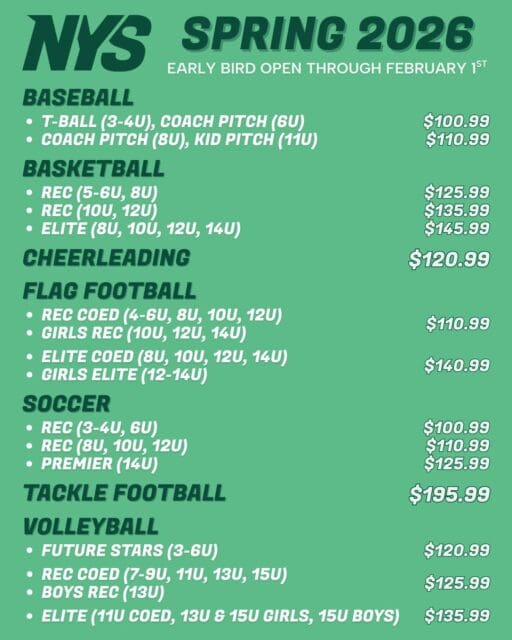 Registration for the Spring 2026 season is officially open on our website, and early bird pricing is open through Sunday, February 1st!

Whether your child plays baseball, basketball, cheer, flag football, soccer, tackle football, or volleyball—there’s a spot for them at NYS. Our leagues are open to all ages and skill levels.

Register today at nysnevada.com to secure your spot and save some money!