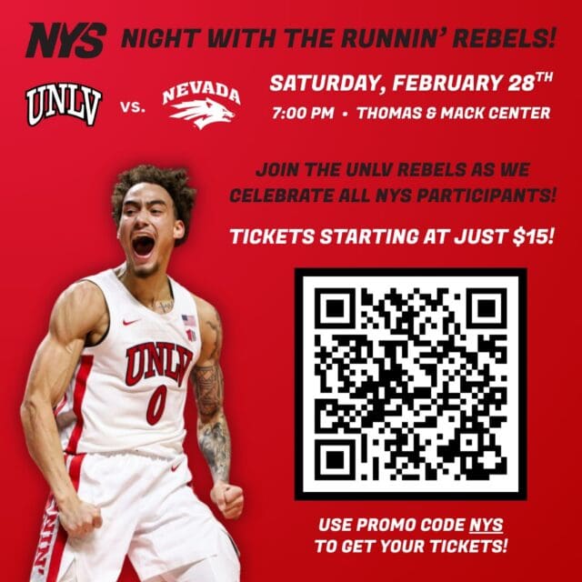 Join us for NYS Night with the Runnin’ Rebels on Saturday, February 28th at 7:00 PM at the Thomas & Mack Center as UNLV takes on Nevada in an electric rivalry matchup! Earlier in the day, one of our Winter 2026 NYS Elite Basketball Championship games will be played on the same Thomas & Mack hardwood, making this a full NYS day of celebration for our athletes, families, and coaches.

Tickets start at just $15 with promo code NYS. Get your tickets today through the link in bio and come celebrate Nevada Youth Sports and cheer on your Runnin’ Rebels!